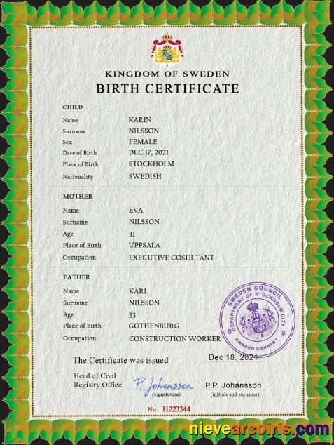 Sweden vital record birth certificate